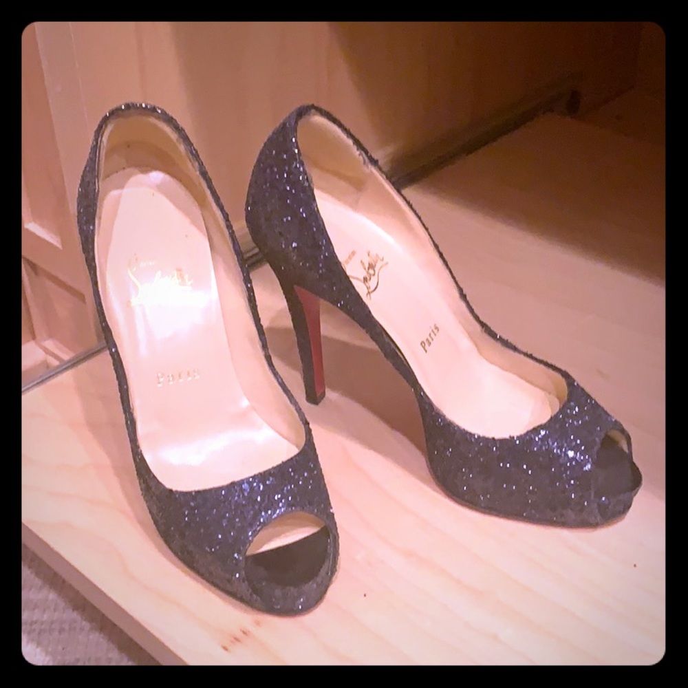 Louboutin Blue Sequin Open Toe Pumps